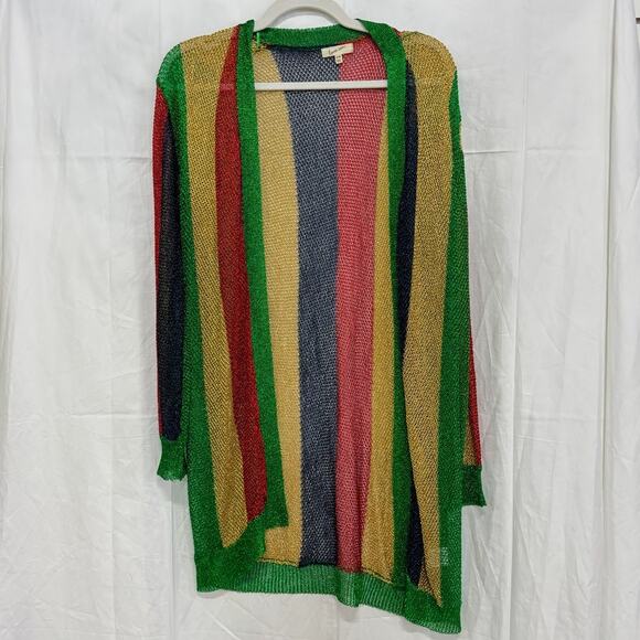 Love Sen Striped Long Sleeve Open Front Metal Mesh Cardigan Green Women's S / M - Picture 1 of 4